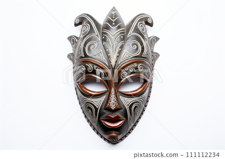 Carnival mask for the festival. African ethnic ritual mask isolated on white background. Wooden Tribal Mask of warrior with carved ornaments. Traditions and customs of Africa. Travel souvenir. 111112234