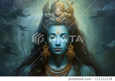 God Shiva. Hindu deity. A man with blue skin wearing a crown and jewelry. On a blue fantasy background. Lord Shiva meditating. Fantasy illustration. 111112236