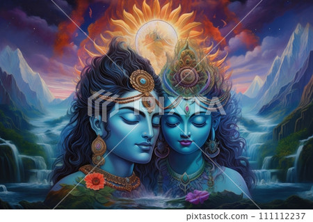 Shiva and Shakti unite to bring forth new universe, symbolizing process of creation and destruction in Hinduism. Hindu deities. Man and woman in love on background of nature. Fantasy Illustration 111112237