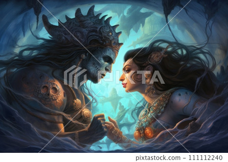 Shiva and Shakti unite to bring forth new universe, symbolizing process of creation and destruction in Hinduism. Hindu deities. Man and woman in love on fantasy background. Illustration 111112240
