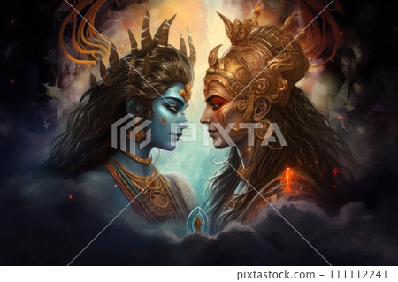 Shiva and Shakti coming together, when their energies merge, creating cosmic balance. Hindu deities. Hinduism. Man and woman in love. On background of fire and water. Fantasy Illustration 111112241