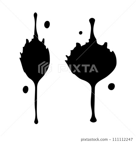 Ink blot. Abstract stain with drops and splashes. Black paint splatter. Vector illustration isolated on white background. Wet slick. Liquid dirty inkblot. Grunge style. Design element 111112247