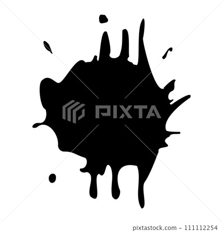 Ink blot. Abstract stain with drops and splashes. Black paint splatter. Vector illustration isolated on a white background. Liquid inkblot. Grunge style. Design element. Dirty spot, 111112254