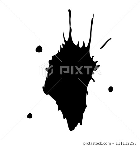 Ink blot. Abstract stain with drops and splashes. Black paint splatter. Vector illustration isolated on a white background. Liquid dirty inkblot. Grunge style. Design element. Dirty spot, 111112255