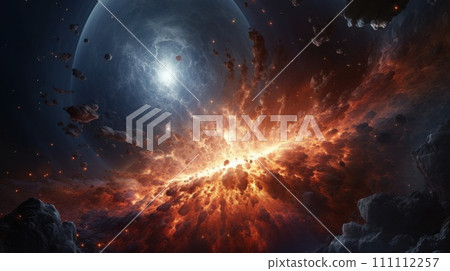 Big Bang. Explosions in space with fiery flashes. A digital art representation of cosmic burst. Big cosmic explosion in space against the background of stars and galaxies 111112257