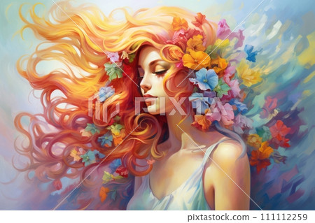 Beautiful Caucasian woman with colored hair and flowers. Romantic lady. Rainbow illustration in style oil painting. Postcard, greeting for International Women's Day. Wall decor, print. Pastel colors. 111112259