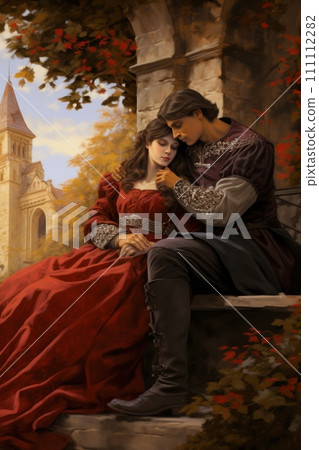 Couple of lovers in medieval attire hugging in castle courtyard. Prince and princess in love on date. Scene from historical novel. Style of oil painting. For cover of female romance fantasy novel 111112282
