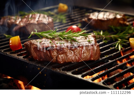 Gourmet vegetarian steak sizzling on a grill, releasing mouthwatering aromas.Grilling marks, herbs, vegetables, summer barbecue. Summery, BBQ delight. Delicious healthy vegetarian food. Close up. 111112296