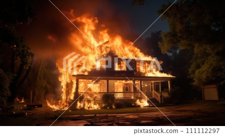 Fire in the house. The house is on fire, engulfed in flames. Burning building. Wildfire. Inferno Destroys Home. Catastrophe, accident. Residential Ruin. Night time. 111112297