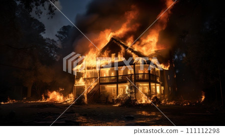 Fire in the house. The house is on fire, engulfed in flames. Burning building. Wildfire. Inferno Destroys Home. Catastrophe, accident. Residential Ruin. Fire in the house. The house is on fire, engulfed in flames. Burning building. Wildfire. Inferno Destroys Home. Catastrophe, accident. Residential Ruin. 111112298