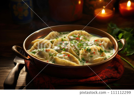 Vareniki. Traditional national dish of Ukrainian cuisine. Dough dish filled with meat, potatoes, mushrooms, berries or cottage cheese. Dumplings or manti with meat. Food blog, cafe, menu, cookbook Vareniki. Traditional national dish of Ukrainian cuisine. Dough dish filled with meat, potatoes, mushrooms, berries or cottage cheese. Dumplings or manti with meat. Food blog, cafe, menu, cookbook 111112299