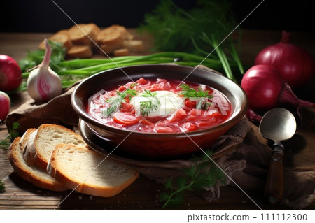 Borsch. Traditional national dish of Ukrainian and Russian cuisine. Bowl of vegetable and meat red soup with white cream and parsley. Beet Root Borsch. Food blog, restaurant, cafe, menu, cookbook Borsch. Traditional national dish of Ukrainian and Russian cuisine. Bowl of vegetable and meat red soup with white cream and parsley. Beet Root Borsch. Food blog, restaurant, cafe, menu, cookbook 111112300