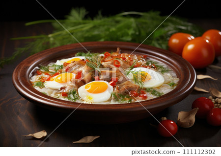 Homemade Goodness. Protein-Rich Meat and Egg Dish in a Clay Pot, Garnished with Vegetables and dill. Food blog, restaurant, cafe, menu, cookbook Homemade Goodness. Protein-Rich Meat and Egg Dish in a Clay Pot, Garnished with Vegetables and dill. Food blog, restaurant, cafe, menu, cookbook 111112302