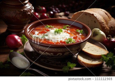 Borsch. Traditional national dish of Ukrainian cuisine. Bowl of vegetable and meat red soup with white cream and parsley . Beet Root delicious Borsch. Food blog, restaurant, cafe, menu, cookbook 111112303