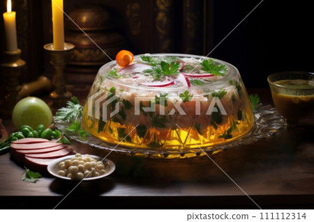 Aspic. A dish of chilled meat broth with meat and vegetables. Traditional national dish of Ukrainian cuisine. Holiday food. Jellied beef. For food blog, restaurant, cafe, menu, cookbook. Aspic. A dish of chilled meat broth with meat and vegetables. Traditional national dish of Ukrainian cuisine. Holiday food. Jellied beef. For food blog, restaurant, cafe, menu, cookbook. 111112314