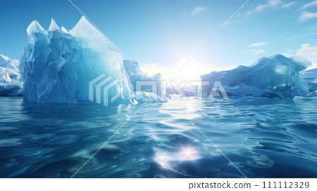Arctic glaciers and ice icebergs in ocean. Stunning polar landscape. Concept of melting glaciers, climate change, global warming, sea level rise. For background, card, banner, poster. Copy space. Arctic glaciers and ice icebergs in ocean. Stunning polar landscape. Concept of melting glaciers, climate change, global warming, sea level rise. For background, card, banner, poster. Copy space. 111112329