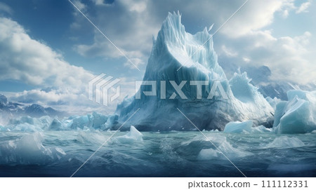 Arctic glaciers and ice icebergs in ocean. Stunning polar landscape. Concept of melting glaciers, climate change, global warming, sea level rise. For background, card, banner, poster. With copy space. Arctic glaciers and ice icebergs in ocean. Stunning polar landscape. Concept of melting glaciers, climate change, global warming, sea level rise. For background, card, banner, poster. With copy space. 111112331