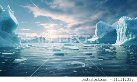 Arctic glaciers and ice icebergs in the ocean. Stunning polar landscape. Concept of melting glaciers, climate change, global warming, sea level rise. Ideal for card, banner, poster. With copy space. Arctic glaciers and ice icebergs in the ocean. Stunning polar landscape. Concept of melting glaciers, climate change, global warming, sea level rise. Ideal for card, banner, poster. With copy space. 111112332
