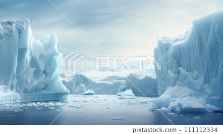 Arctic glaciers and ice icebergs in ocean. Stunning polar landscape. Concept of melting glaciers, climate change, global warming. Ideal for background, card, banner, poster. With copy space. 111112334