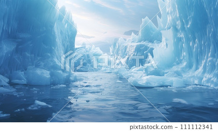 Arctic glaciers and ice icebergs in the ocean. Stunning polar landscape. Crystal clear water. Concept of melting glaciers, climate change, global warming, sea level rise. Beauty of nature 111112341