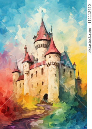 Majestic rainbow medieval castle. Fantasy kingdom. Style of impressionism and oil painting. Metaphorical associative card. Psychological abstract picture. Postcard, wall decoration, book illustration Majestic rainbow medieval castle. Fantasy kingdom. Style of impressionism and oil painting. Metaphorical associative card. Psychological abstract picture. Postcard, wall decoration, book illustration 111112430