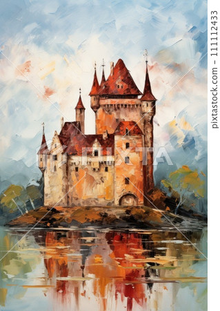 Majestic medieval castle. Fantasy kingdom. Style of impressionism and oil painting. Metaphorical associative card. Psychological abstract picture. Postcard, wall decoration, book illustration Majestic medieval castle. Fantasy kingdom. Style of impressionism and oil painting. Metaphorical associative card. Psychological abstract picture. Postcard, wall decoration, book illustration 111112433