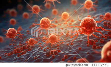 Oncology. Cancer cells that cause tumors in the human body. Macro. A terrible disease of humanity. Science, medicine and immunology concept. Medical background. Viruses and bacteria under microscope 111112440