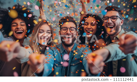 A Team of Happy Employees Celebrating a Business Triumph Amidst Confetti 111112441