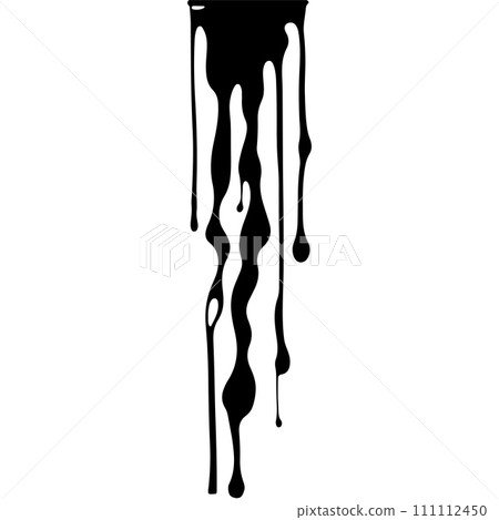 Abstract Dripping Paint. Black ink flows down in long streams and drops. The flowing black liquid. Droplets. Dirty grunge texture. Vector illustration isolated on white background. Design element. 111112450