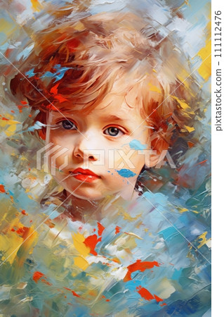 Portrait of cute kid. In style of impressionism and oil painting. Metaphorical associative card on theme of childhood. Psychological abstract picture. Postcard, wall decoration, book illustration Portrait of cute kid. In style of impressionism and oil painting. Metaphorical associative card on theme of childhood. Psychological abstract picture. Postcard, wall decoration, book illustration 111112476