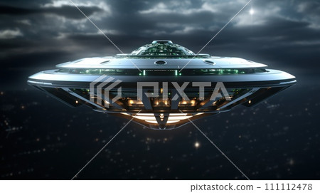 Mysterious UFO with radiant lights hovering over city under night sky. Futuristic alien spaceship close up. Perfect for projects exploring extraterrestrial themes, science fiction and unknown. Sci-fi. Mysterious UFO with radiant lights hovering over city under night sky. Futuristic alien spaceship close up. Perfect for projects exploring extraterrestrial themes, science fiction and unknown. Sci-fi. 111112478