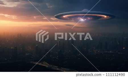 UFO with radiant lights hovering over city under night sky. Futuristic alien spaceship. Copy space. Perfect for projects exploring extraterrestrial themes, science fiction and unknown. Sci-fi concept UFO with radiant lights hovering over city under night sky. Futuristic alien spaceship. Copy space. Perfect for projects exploring extraterrestrial themes, science fiction and unknown. Sci-fi concept 111112490