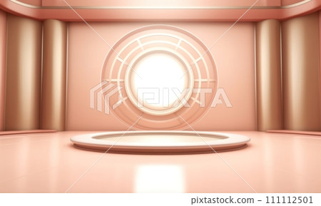 Podium for product presentation. Stage for showcase. Mockup. Modern Stage bathed in lights, featuring a circular platform. Empty illuminated platform with modern design. With copy space. Podium for product presentation. Stage for showcase. Mockup. Modern Stage bathed in lights, featuring a circular platform. Empty illuminated platform with modern design. With copy space. 111112501
