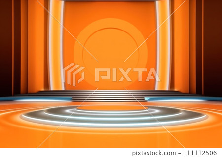 Podium for product presentation. Stage for showcase. Mockup. Modern Stage bathed in orange lights, featuring a circular platform. Empty illuminated platform with modern design. With copy space Podium for product presentation. Stage for showcase. Mockup. Modern Stage bathed in orange lights, featuring a circular platform. Empty illuminated platform with modern design. With copy space 111112506
