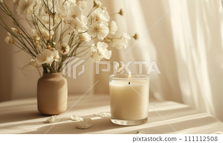 white flowers are inside a candle glass white flowers are inside a candle glass 111112508