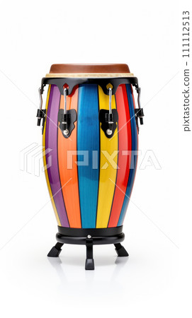 Rainbow conga drum isolated on a white background. Traditional percussion musical instrument of Afro-Cuban culture. Suitable for music-related projects and cultural designs. Vertical format. Rainbow conga drum isolated on a white background. Traditional percussion musical instrument of Afro-Cuban culture. Suitable for music-related projects and cultural designs. Vertical format. 111112513