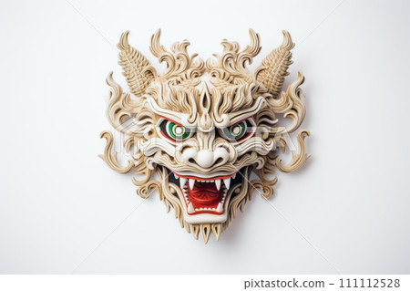 Barong mask on white background. Traditional Balinese dance mask. Mythical patron and protector of Bali. Indonesian Art. Dragon Mask. Power and Mystery. For travel, art, cultural-themed project. Barong mask on white background. Traditional Balinese dance mask. Mythical patron and protector of Bali. Indonesian Art. Dragon Mask. Power and Mystery. For travel, art, cultural-themed project. 111112528
