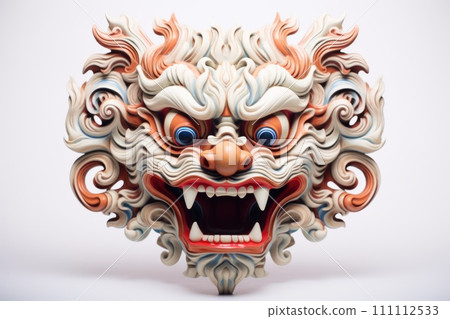 Barong mask on white background. Traditional Balinese dance mask. Craftsmanship and cultural of Bali. Dragon Mask. Symbol of Power and Mystery. Perfect for travel, art, cultural-themed project. 111112533