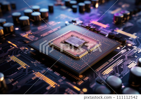 Next Generation Chips close up. Circuit board, processor. Computer chip, semiconductor, data abstraction, printed circuit board. Electronic board. Deep indigo blue with gold Next Generation Chips close up. Circuit board, processor. Computer chip, semiconductor, data abstraction, printed circuit board. Electronic board. Deep indigo blue with gold 111112542