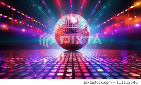 Glowing Disco Ball in a Vibrant Nightclub. Disco Ball Reflecting Neon Lights. Retro-Future Party. Futuristic Dance Floor. Modern Club Glowing Disco Ball in a Vibrant Nightclub. Disco Ball Reflecting Neon Lights. Retro-Future Party. Futuristic Dance Floor. Modern Club 111112546