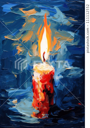 Burning candle. Metaphorical associative card on theme of Fire giving light. In style of impressionism and oil painting. Psychological abstract picture. Postcard, wall decoration, book illustration. Burning candle. Metaphorical associative card on theme of Fire giving light. In style of impressionism and oil painting. Psychological abstract picture. Postcard, wall decoration, book illustration. 111112552