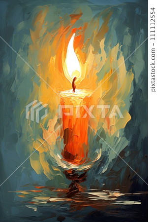 Burning candle. Metaphorical associative card on theme of Fire giving light. In style of impressionism and oil painting. Psychological abstract picture. Postcard, wall decoration, book illustration. Burning candle. Metaphorical associative card on theme of Fire giving light. In style of impressionism and oil painting. Psychological abstract picture. Postcard, wall decoration, book illustration. 111112554