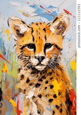 Metaphorical associative card on theme of animal. Leopard or cheetah. In style of impressionism and oil painting. Psychological abstract picture. Postcard, wall decoration, book illustration 111112561