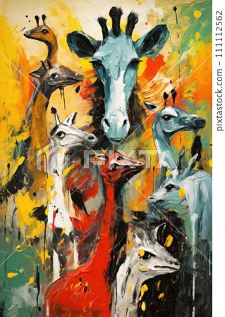 Metaphorical associative card on theme of animal. Group of abstract animals. In style of impressionism and oil painting. Psychological abstract picture. Postcard, wall decoration, book illustration Metaphorical associative card on theme of animal. Group of abstract animals. In style of impressionism and oil painting. Psychological abstract picture. Postcard, wall decoration, book illustration 111112562