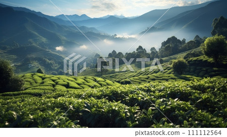 Ancient tea gardens of Yunnan Province, where Pu-erh tea trees thrive. Lush greenery and serene ambiance of tea-producing region. Landscape, plantation tea harvest. Beautiful background. 111112564