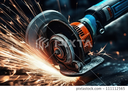 Angle Grinder at Work in Industrial Setting. Cutting Metal. Sparks Fly from Angle Grinder. Close-up. For banners, posters, advertisement brochures, business cards, design projects. 111112565