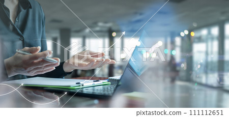 Businesswoman shows financial profit growth arrow . 111112651