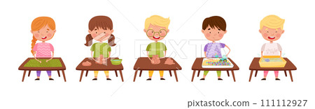 Creative Kid at Table Engaged in Handcraft Activity Vector Set Creative Kid at Table Engaged in Handcraft Activity Vector Set 111112927