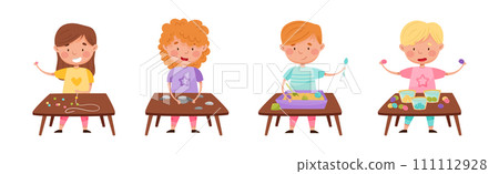 Creative Kid at Table Engaged in Handcraft Activity Vector Set 111112928