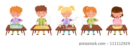 Creative Kid at Table Engaged in Handcraft Activity Vector Set Creative Kid at Table Engaged in Handcraft Activity Vector Set 111112929